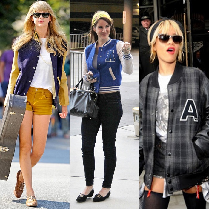 Taylor Swift, Lana Del Rey e Rihanna são algumas das celebridades que já desfilaram pelas ruas com look estilo college. Imagem: somaisumvicio.wordpress.com